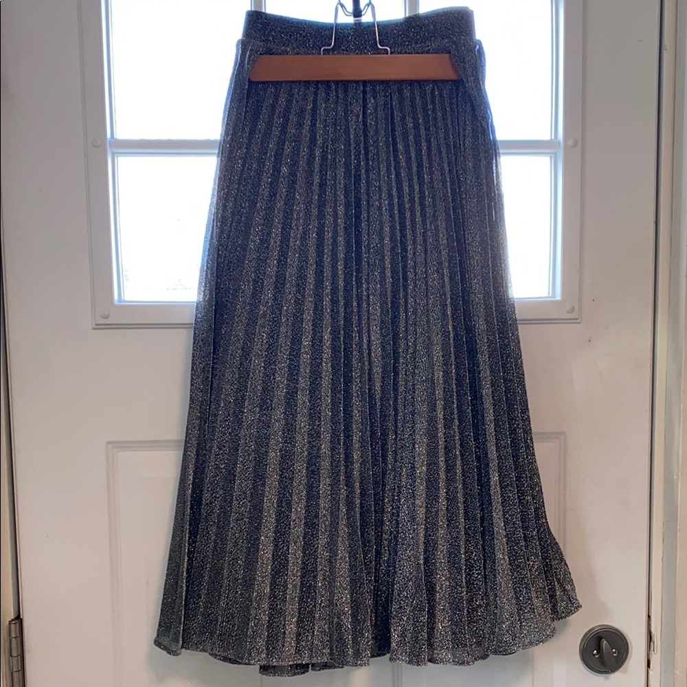 Chelsea 28 Elegant Silver Metallic Pleated Skirt Large